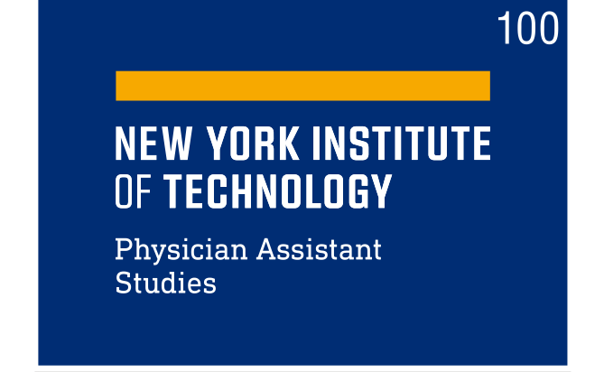 NYIT logo, Physician Assistant Studies, yellow and white on blue variant, cell 100