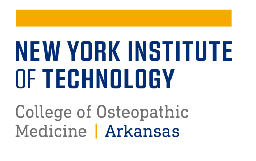 NYIT logo, College of Osteopathic Medicine | Arkansas, yellow and blue on white variant, cell 103