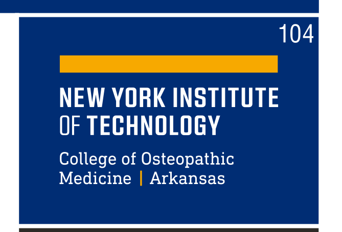 NYIT logo, College of Osteopathic Medicine | Arkansas, yellow and white on blue variant, cell 104