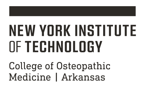 NYIT logo, College of Osteopathic Medicine | Arkansas, black on white variant, cell 105