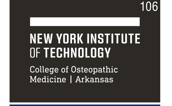 NYIT logo, College of Osteopathic Medicine | Arkansas, white on black variant, cell 106