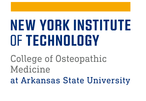 NYIT logo, College of Osteopathic Medicine at Arkansas State University, yellow and blue on white variant, cell 107