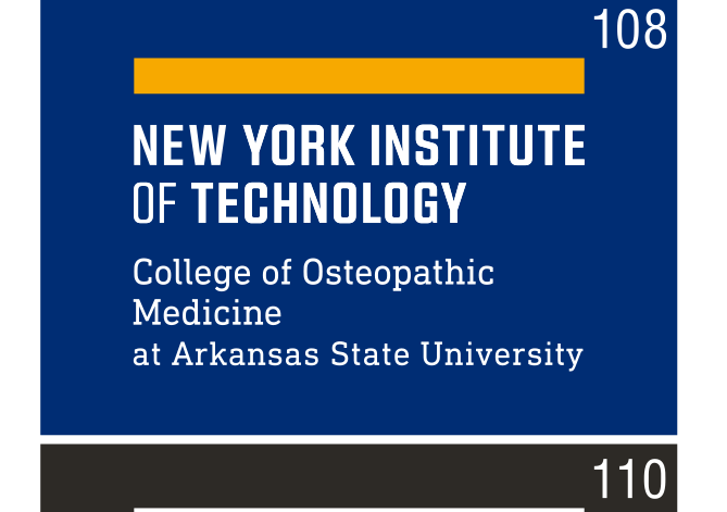 NYIT logo, College of Osteopathic Medicine at Arkansas State University, yellow and white on blue variant, cell 108