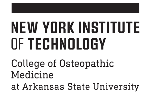 NYIT logo, College of Osteopathic Medicine at Arkansas State University, black on white variant, cell 109
