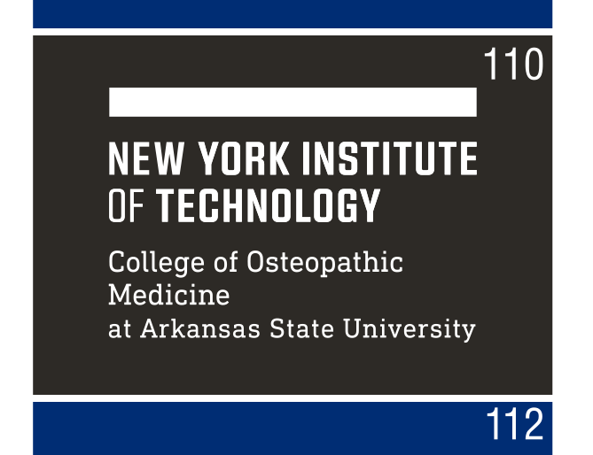 NYIT logo, College of Osteopathic Medicine at Arkansas State University, white on black variant, cell 110