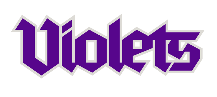 Violets wordmark, script ultraviolet white stroke variant, cell 44