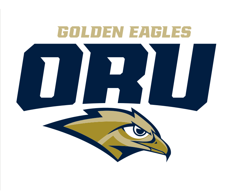 Golden Eagles wordmark with ORU wordmark and Golden Eagle head, full color variant, cell 3