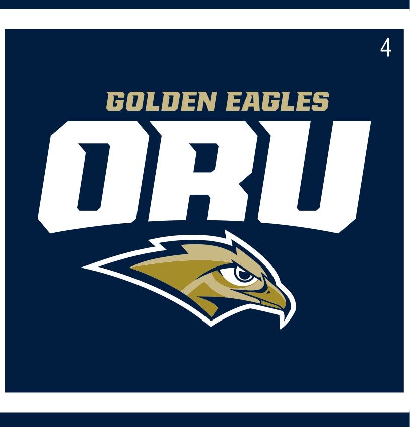 Golden Eagles wordmark with ORU wordmark and Golden Eagle head, reverse variant, cell 4