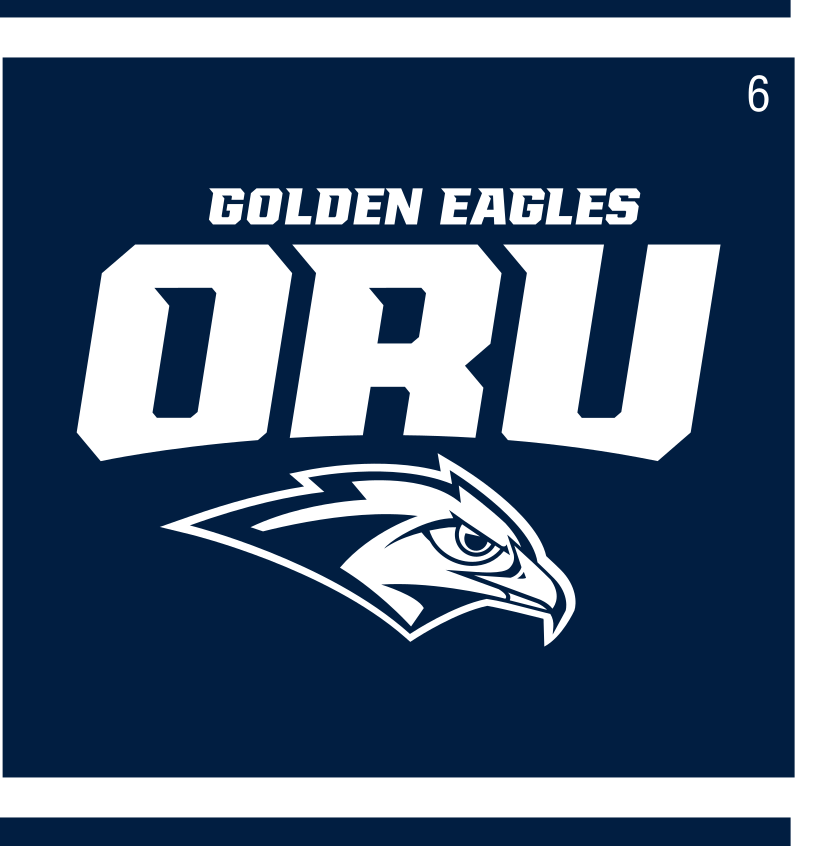 Golden Eagles wordmark with ORU wordmark and Golden Eagle head, reverse outline variant, cell 6