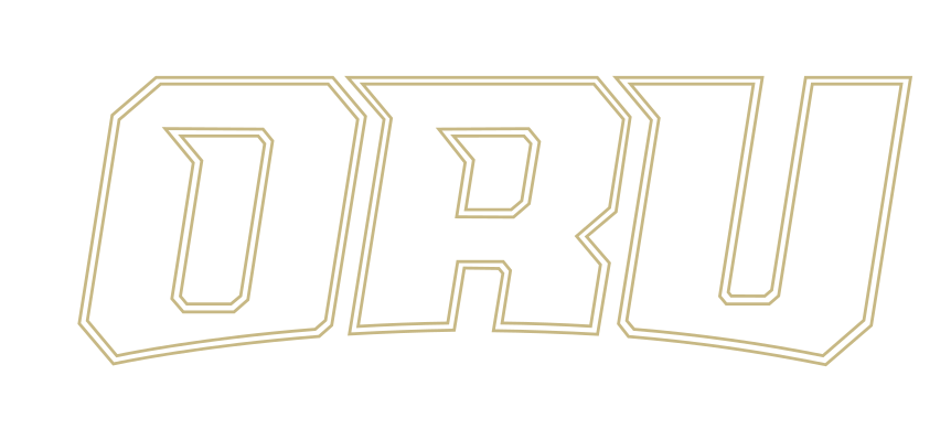 ORU wordmark, white with gold outline variant, cell 18