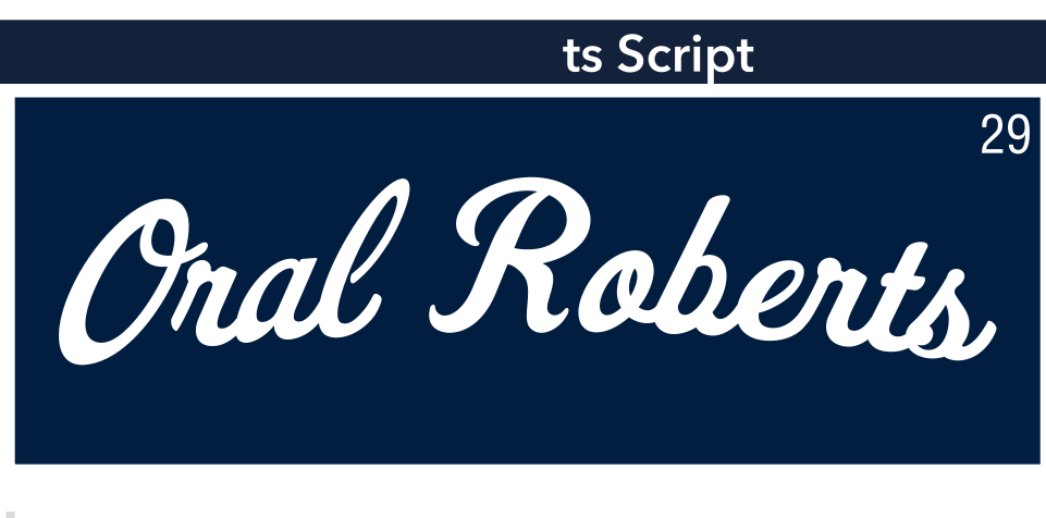 Oral Roberts script, white on navy variant, cell 29