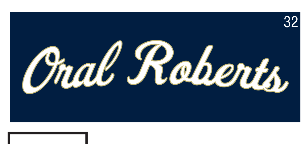 Oral Roberts script, white with gold outline on navy variant, cell 32