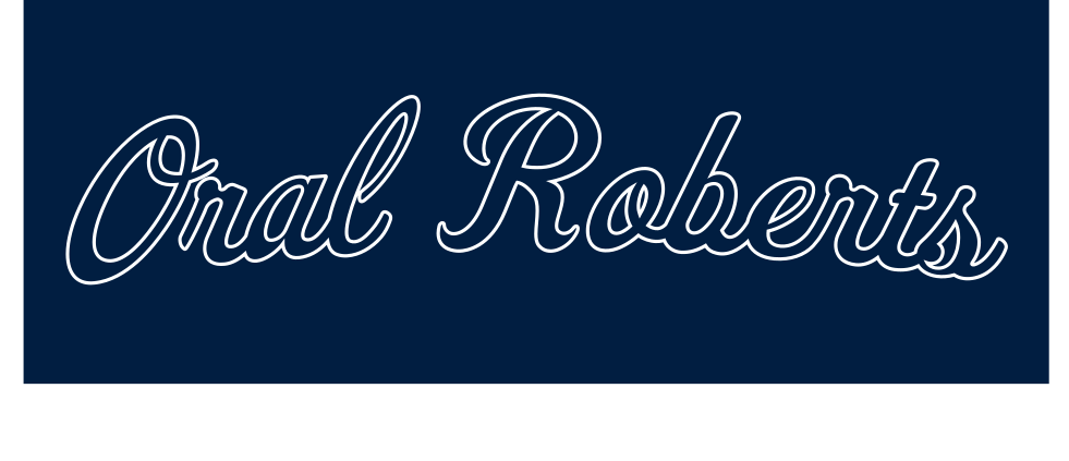 Oral Roberts script, white with navy outline on navy variant, cell 35