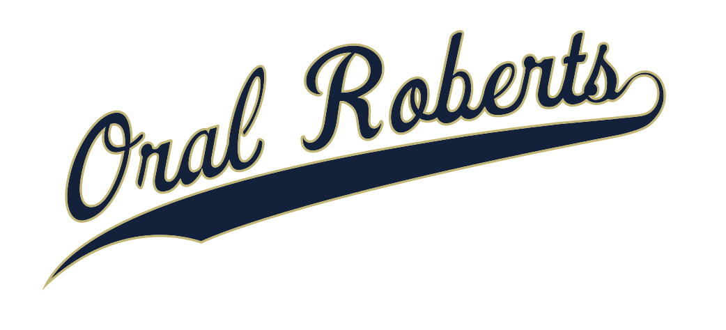 Oral Roberts script with underline, white with navy outline variant, cell 45