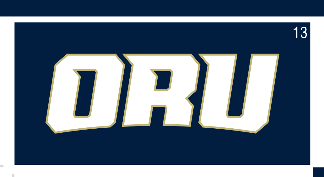 ORU wordmark, white with gold outline, on navy variant, cell 13