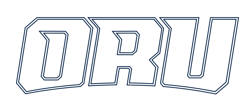 ORU wordmark, white with navy and gold outline variant, cell 17