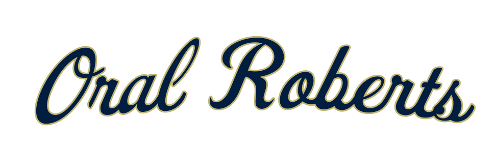 Oral Roberts script wordmark, navy with gold outline variant, cell 27