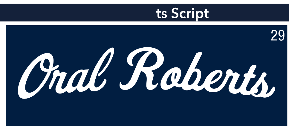Oral Roberts script wordmark, white, on navy variant, cell 29