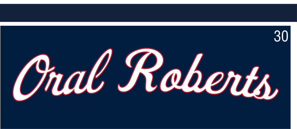 Oral Roberts script wordmark, white with red outline, on navy variant, cell 30