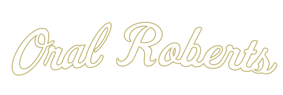 Oral Roberts script wordmark, gold with white outline variant, cell 34