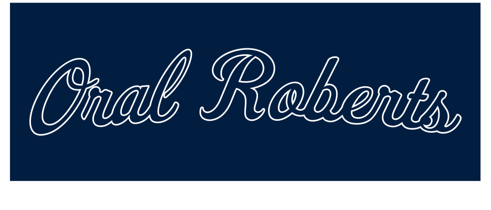 Oral Roberts script wordmark, white with navy outline, on navy variant, cell 35