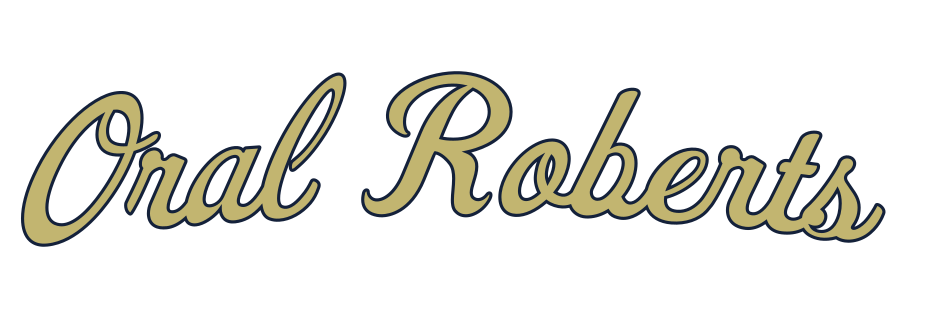 Oral Roberts script wordmark, gold with navy outline variant, cell 36