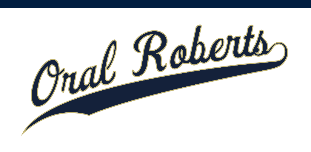 Oral Roberts script underlined, white on navy variant, cell 45