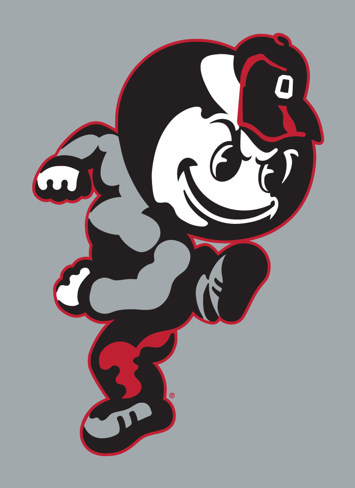 Brutus Buckeye mascot, full color on gray background variant