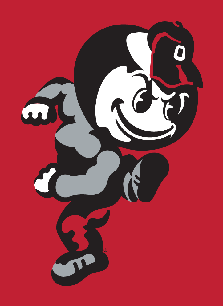 Brutus Buckeye mascot, full color on red background variant