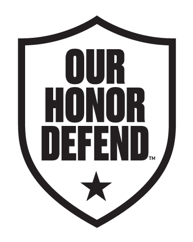OUR HONOR DEFEND shield, black outline, black text, black star variant