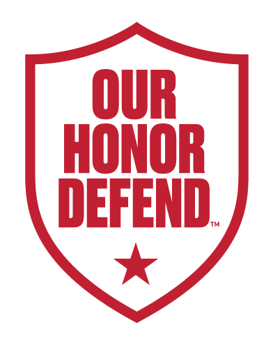 OUR HONOR DEFEND shield, red outline, red text, red star variant