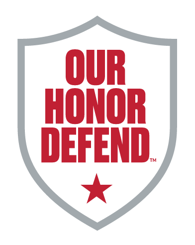 OUR HONOR DEFEND shield, gray outline, red text, red star variant