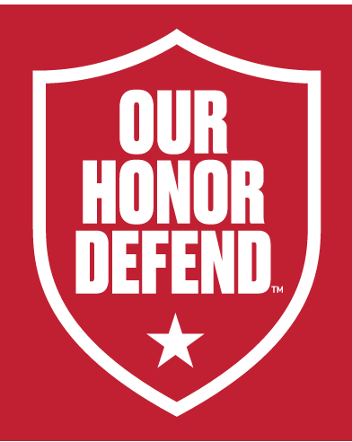 OUR HONOR DEFEND shield, white outline, white text, white star, on red background variant