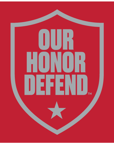 OUR HONOR DEFEND shield, gray outline, gray text, gray star, on red background variant