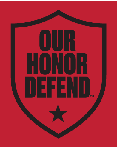 OUR HONOR DEFEND shield, black outline, black text, black star, on red background variant