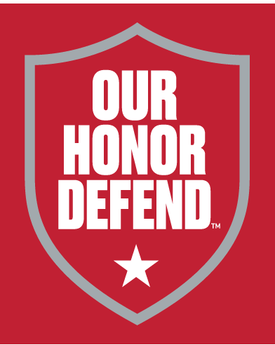 OUR HONOR DEFEND shield, gray outline, white text, white star, on red background variant