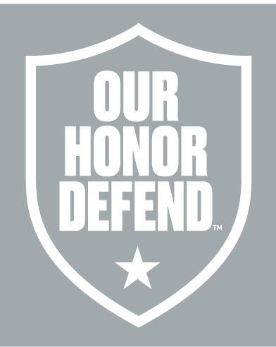 OUR HONOR DEFEND shield, white outline, white text, white star, on gray background variant