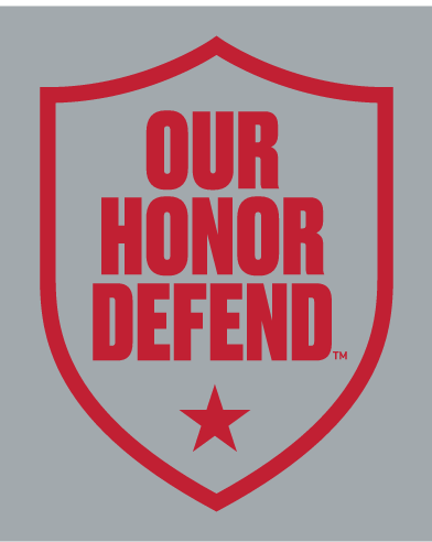 OUR HONOR DEFEND shield, red outline, red text, red star, on gray background variant