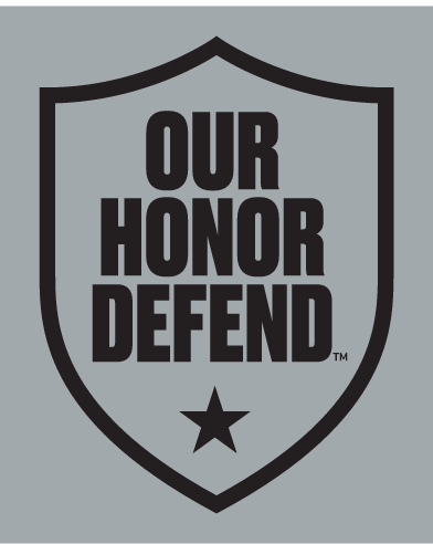 OUR HONOR DEFEND shield, black outline, black text, black star, on gray background variant