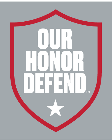 OUR HONOR DEFEND shield, red outline, white text, white star, on gray background variant