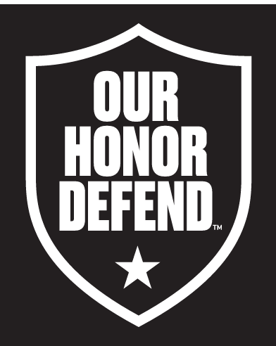 OUR HONOR DEFEND shield, white outline, white text, white star, on black background variant