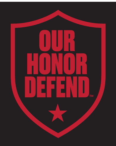 OUR HONOR DEFEND shield, red outline, red text, red star, on black background variant