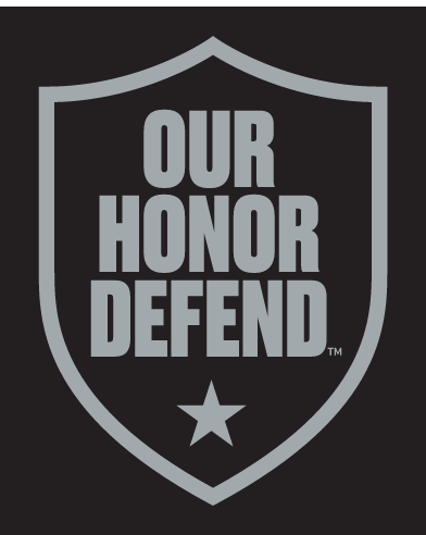 OUR HONOR DEFEND shield, gray outline, gray text, gray star, on black background variant