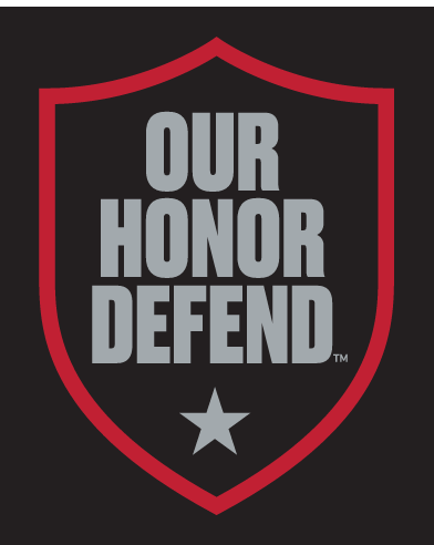 OUR HONOR DEFEND shield, red outline, gray text, gray star, on black background variant