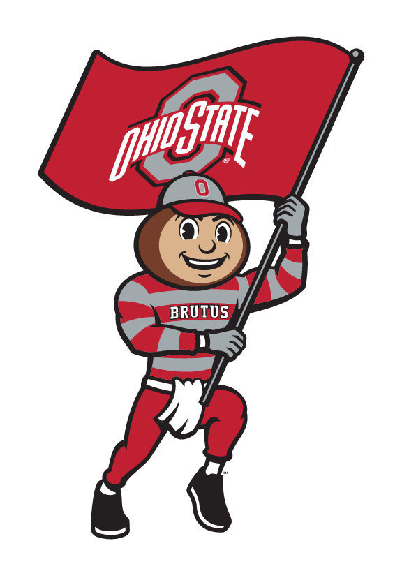 Brutus Buckeye mascot holding flag, full body, color variant