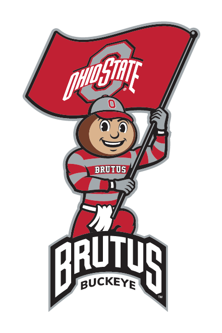 Brutus Buckeye mascot holding flag, full color variant