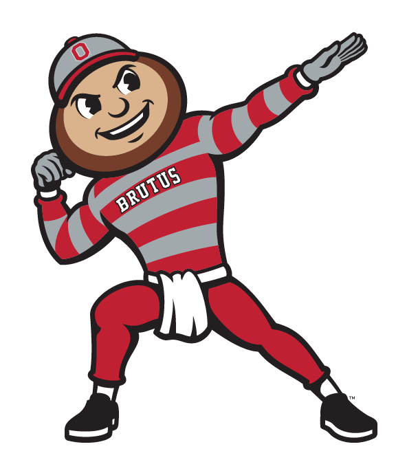 Brutus Buckeye mascot pointing, full body, color variant