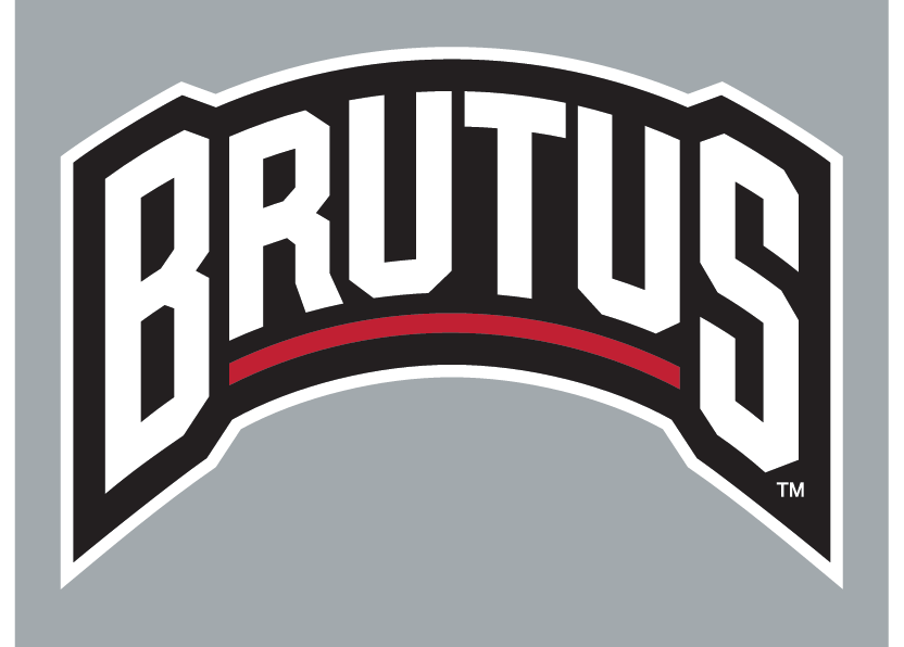 BRUTUS wordmark, black with red outline on gray background variant