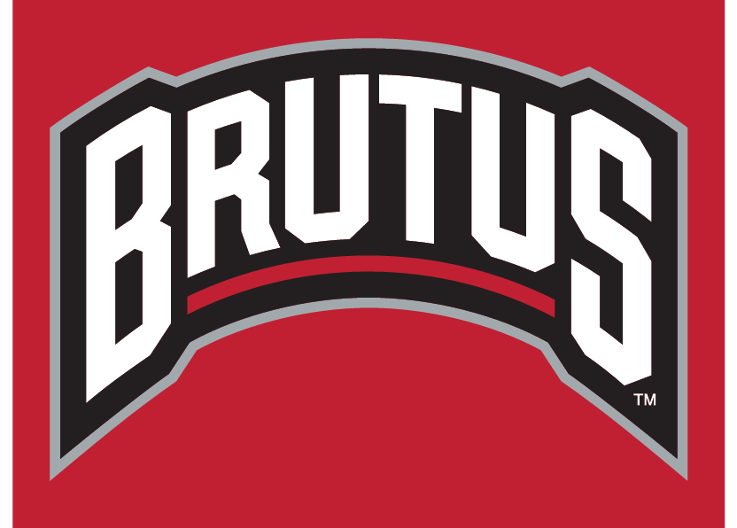 BRUTUS wordmark, black with white outline on red background variant