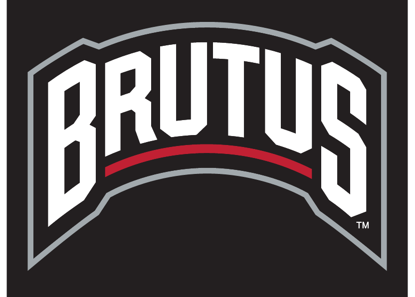BRUTUS wordmark, white with red outline on black background variant